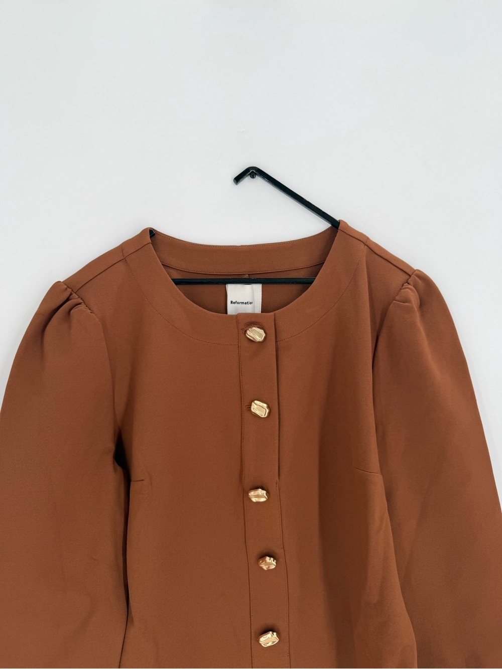 Reformation Micah Knit Gold Button Front Puff Long Sleeve Mini Dress